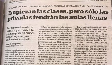 Imagen diario Clarín de este domingo. A nivel nacional tampoco adhiere la mayoría de los docentes privados. Enojo gremial subrepticio contra dirigentes de los docentes privados.