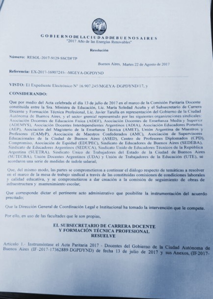 Imagen: Resolucin que instrumenta acuerdo paritario. Por la parte gremial aparecen (casi) todos los sindicatos, menos SADOP