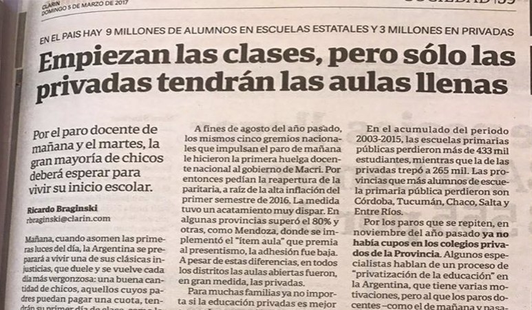Imagen diario Clarín de este domingo. A nivel nacional tampoco adhiere la mayoría de los docentes privados. Enojo gremial subrepticio contra dirigentes de los docentes privados.
