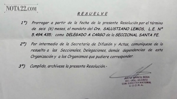 UOCRA: Resoluci�n, pr�rroga a Salustiano Lemos como delegado normalizador de la Seccional Santa Fe