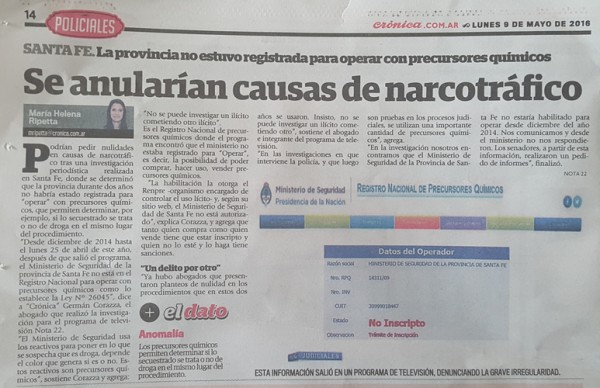 Diario CRNICA tom investigacin de NOTA22.COM sobre precursores qumicos