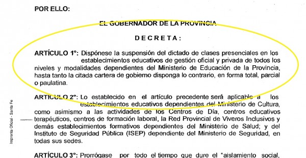 DECRETO | La suspensi�n de las clases en Santa Fe no tiene plazo