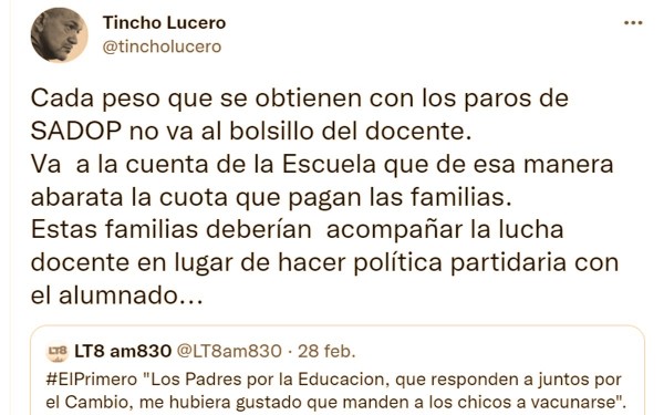 Lucero: Cada peso que se obtienen con los paros de SADOP no va al bolsillo del docente. Va a la cuenta de la Escuela